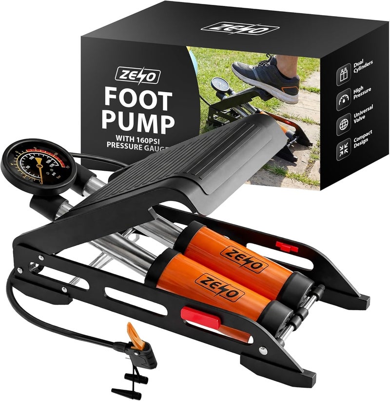 ZENO Portable Foot Pump with 160PSI Pressure Gauge - Double Cylinder Tyre Inflator for Balls, Bicycles, Scooters, and Motorcycles - Image 1