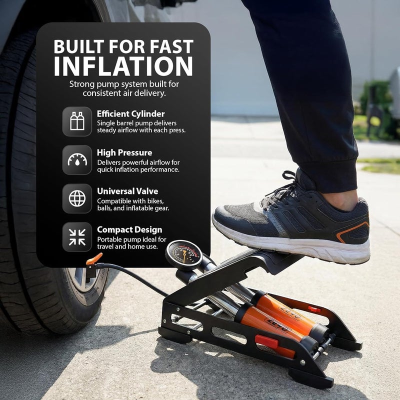 ZENO Portable Foot Pump with 160PSI Pressure Gauge - Double Cylinder Tyre Inflator for Balls, Bicycles, Scooters, and Motorcycles - Image 5