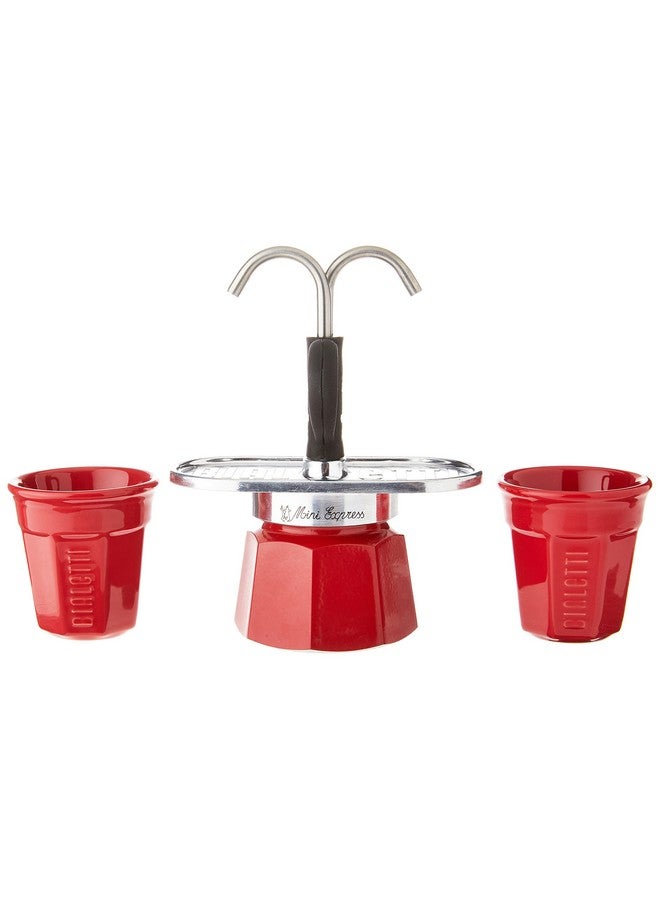 BIALeTTI Bialetti - Mini Express Color: Moka Set includes Coffee Maker 2-Cup (2.8 Oz) + 2 shot glasses, Red, Aluminium  - Image 3