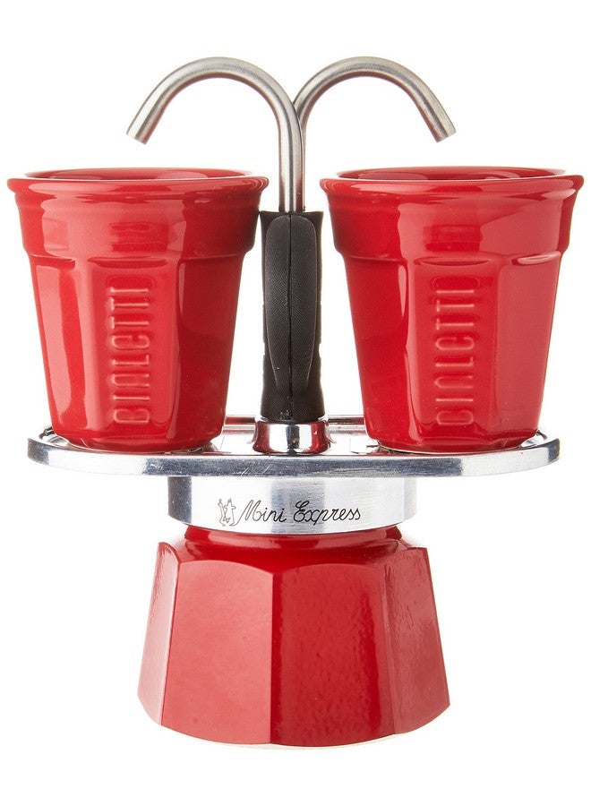 BIALeTTI Bialetti - Mini Express Color: Moka Set includes Coffee Maker 2-Cup (2.8 Oz) + 2 shot glasses, Red, Aluminium  - Image 2