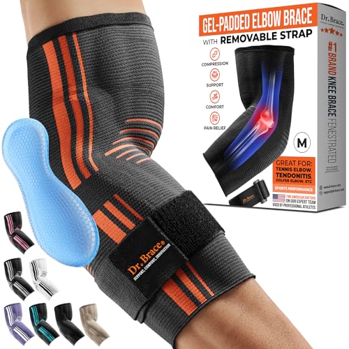 DR. BRACE® Elite Elbow Brace Support, Breathable Elbow Compression Sleeve with Gel Pad for Golfer's, Tennis Elbow & Tendonitis Treatment & Pain Relief 2024 (Grey-Orange, Medium) - Image 1