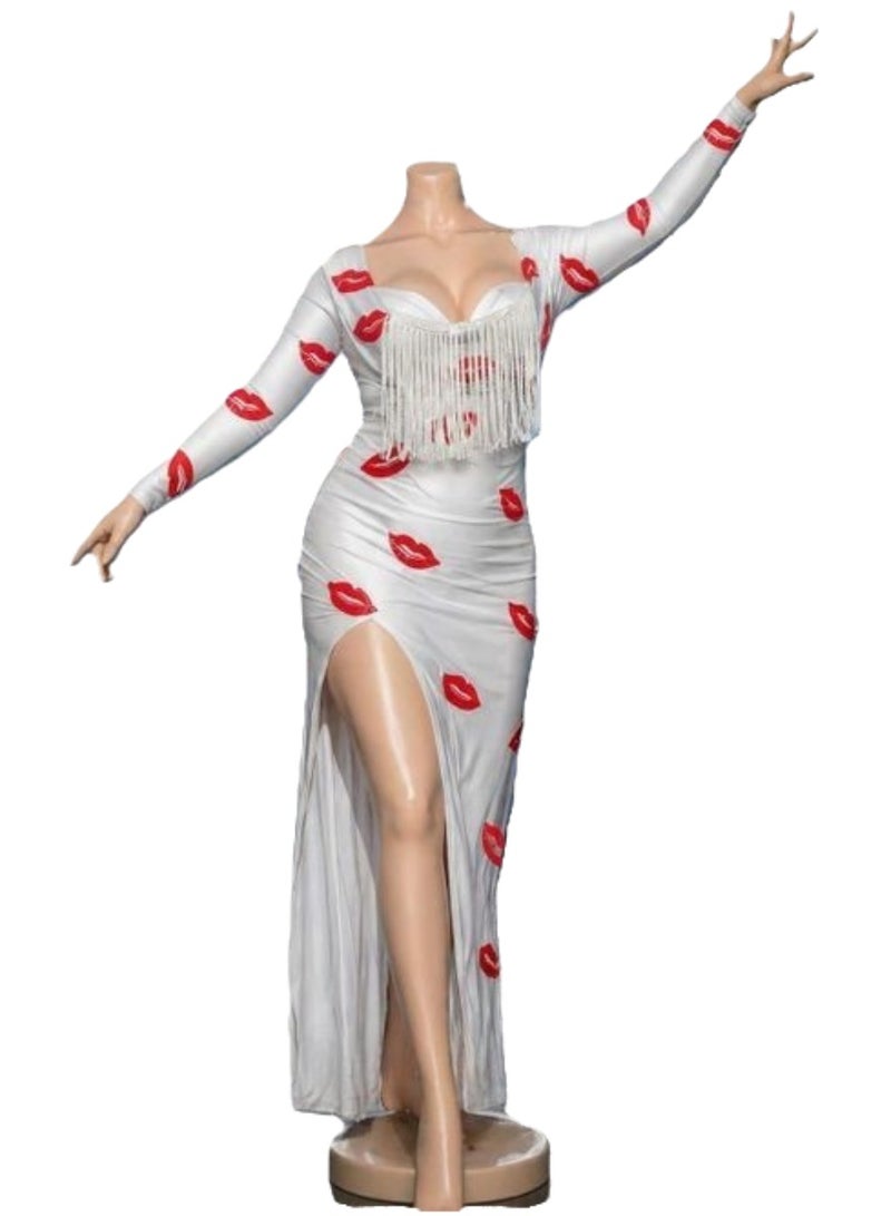 Women's Elegant White Lip Print Bodycon Dress Long Sleeve Premium Imported Zebda Stretch Fabric Fringe Bust High Side Slit Evening Party Cocktail Birthday Clubwear Fashion Dress One Size Fits Up to 75 kg - Image 1