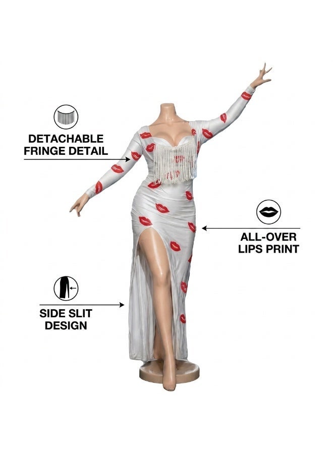 Women's Elegant White Lip Print Bodycon Dress Long Sleeve Premium Imported Zebda Stretch Fabric Fringe Bust High Side Slit Evening Party Cocktail Birthday Clubwear Fashion Dress One Size Fits Up to 75 kg - Image 2
