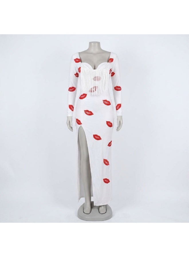 Women's Elegant White Lip Print Bodycon Dress Long Sleeve Premium Imported Zebda Stretch Fabric Fringe Bust High Side Slit Evening Party Cocktail Birthday Clubwear Fashion Dress One Size Fits Up to 75 kg - Image 5