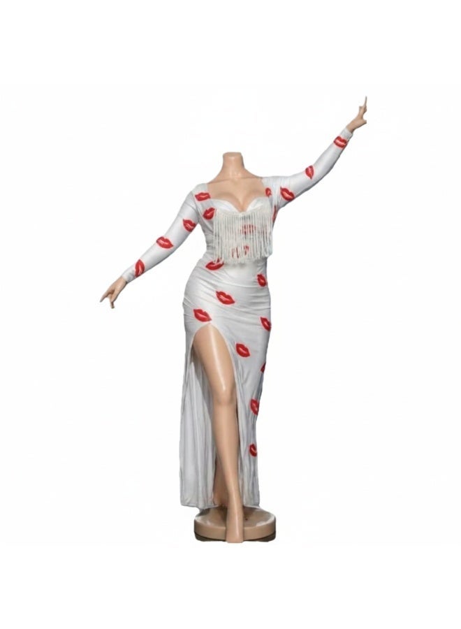 Women's Elegant White Lip Print Bodycon Dress Long Sleeve Premium Imported Zebda Stretch Fabric Fringe Bust High Side Slit Evening Party Cocktail Birthday Clubwear Fashion Dress One Size Fits Up to 75 kg - Image 4