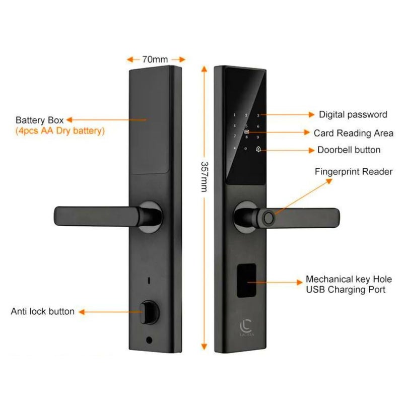 LACASA LC710 14inch Smart Digital Door Lock FingerprintPINRFID Card Manual KeyChild Lock 5 Bolt Strong Mortise Suitable for Wooden and Metal Doors Black - Image 3