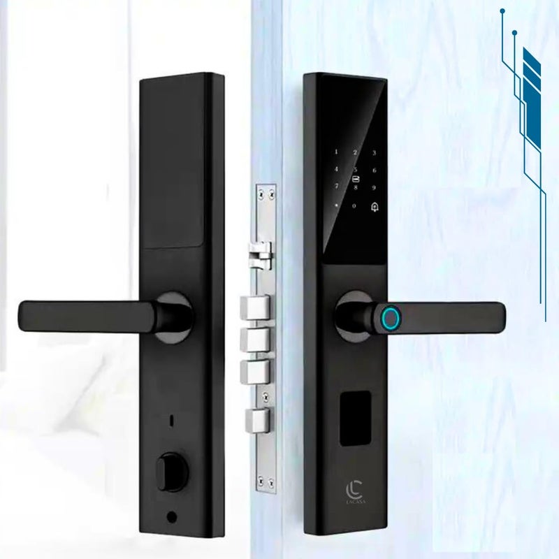 LACASA LC710 14inch Smart Digital Door Lock FingerprintPINRFID Card Manual KeyChild Lock 5 Bolt Strong Mortise Suitable for Wooden and Metal Doors Black - Image 1