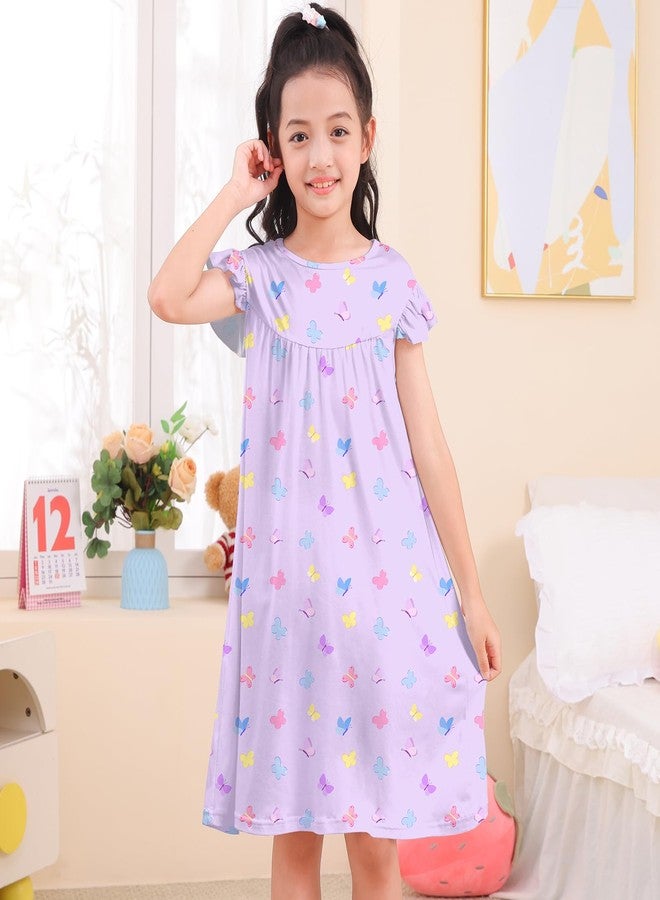 ICOSY 2PCS Girls Nightgowns Toddler Girl Pajamas Flutter Short Sleeve Princess Dress Sleepwear for Girls, Violet + Pink, 5-6 years - Image 2