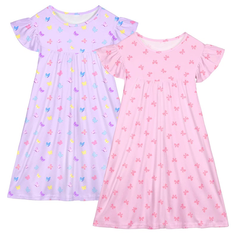 ICOSY 2PCS Girls Nightgowns Toddler Girl Pajamas Flutter Short Sleeve Princess Dress Sleepwear for Girls, Violet + Pink, 5-6 years - Image 1