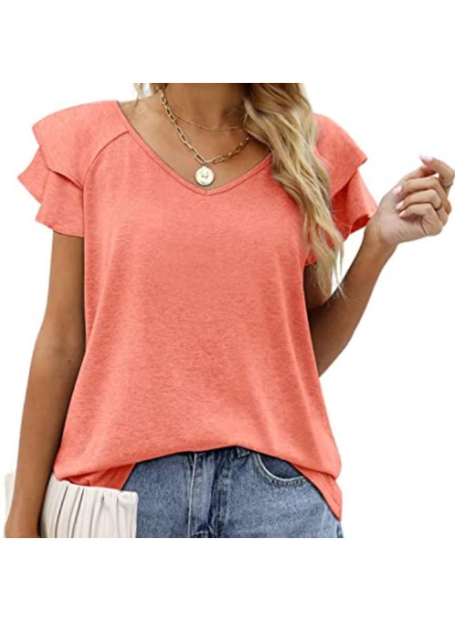 Song Feng Ya New European And American Women's Top V-neck Double-layer Lotus Leaf Short-sleeved Women's T-shirt 