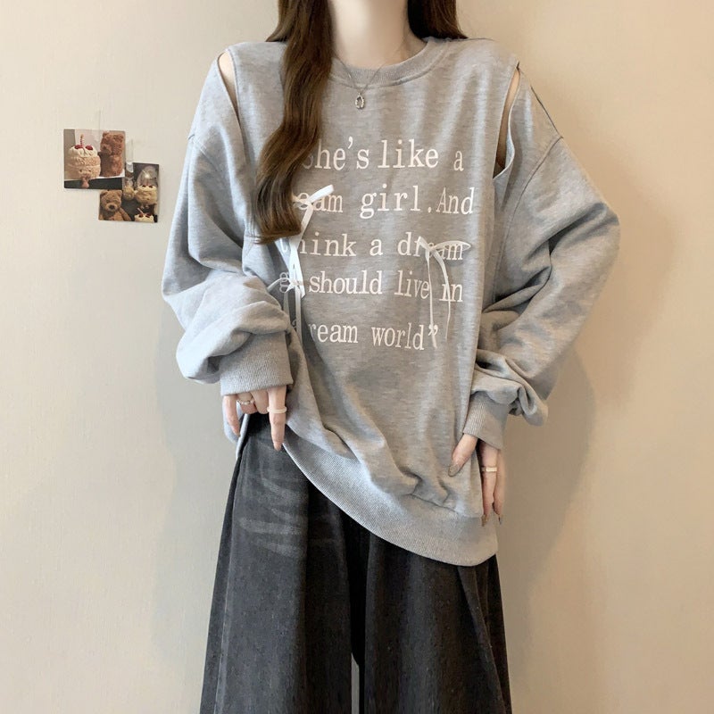 Cross-border European and American Style Real Shot Bow Hollow Loose Sweatshirt Womens Spring and Autumn Thin Round Neck Pullover Top Coat Grey