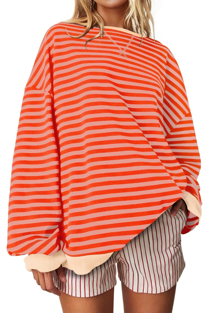 UEU Women's Crewneck Sweatshirts Oversized Cotton Pullover Sweatshirt Loose Fit Workout Yoga Tops Orange Pink Striped X-Large - Image 1