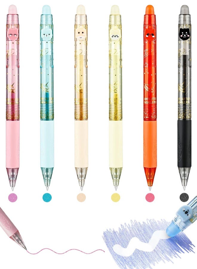 6 Colors Cute Glitter Erasable Pens, 0.5mm Fine Point Colored Retractable Gel Pens, Smooth Writing Ink Pen Marker Make Mistakes Disappear For Coloring Note-Taking Supplies - Image 1
