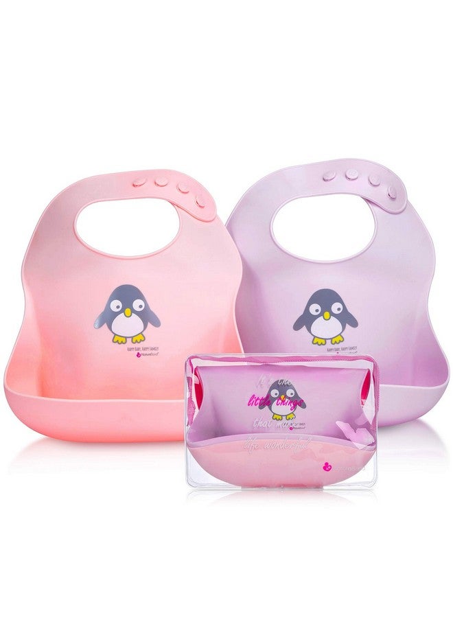 NatureBond Waterproof Baby Bibs Silicone Weaning Bibs For Babies & Toddlers Set Of 2 W/Carry Pouch ; Comfortable Soft 4 Buttons Bib - Image 1