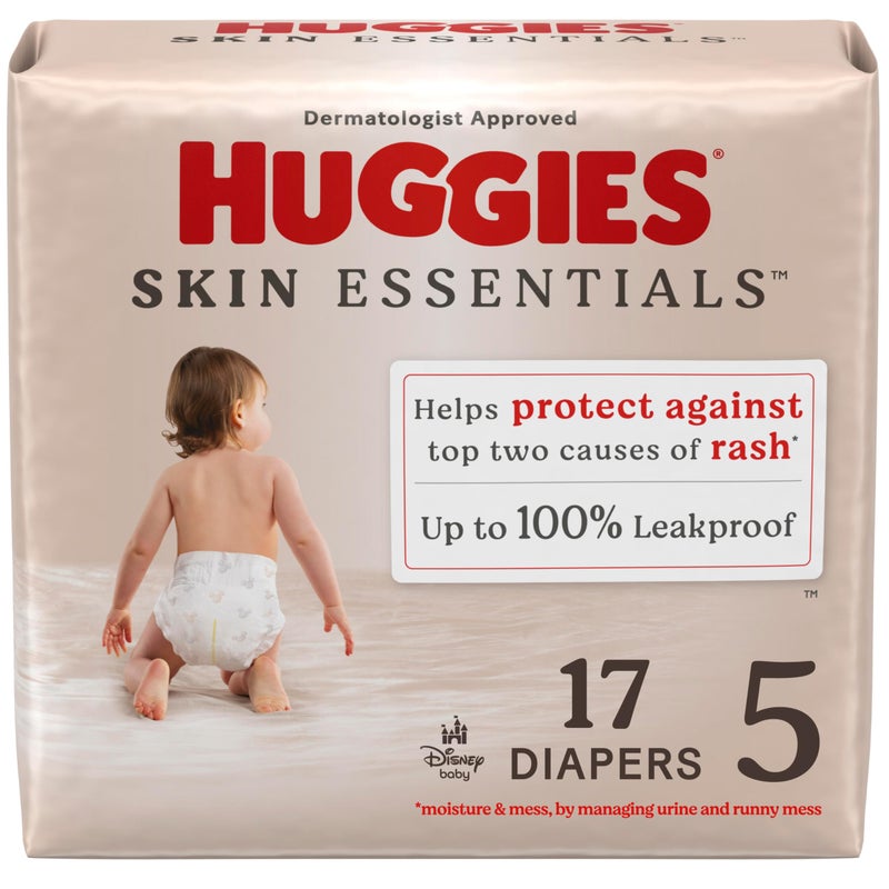 HUGGIES حفاضات هاجيز مقاس 5، حفاضات أساسية للبشرة للأطفال، مقاس 5 (27+ رطل)، 17 قطعة، قد يختلف التعبئة والتغليف - Image 1