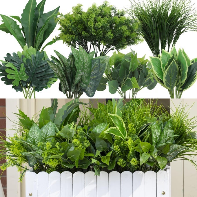 18 BUNDLES ARTIFICIAL PLANTS OUTDOOR FAUX BUSHES PLASTIC FAKE GREENERY STEMS SHRUBS UV RESISTANT FOR INDOOR OUTSIDE HANGING PLANTS FRONT PORCH HOME GARDEN WINDOW BOX SPRING SUMMER DECOR