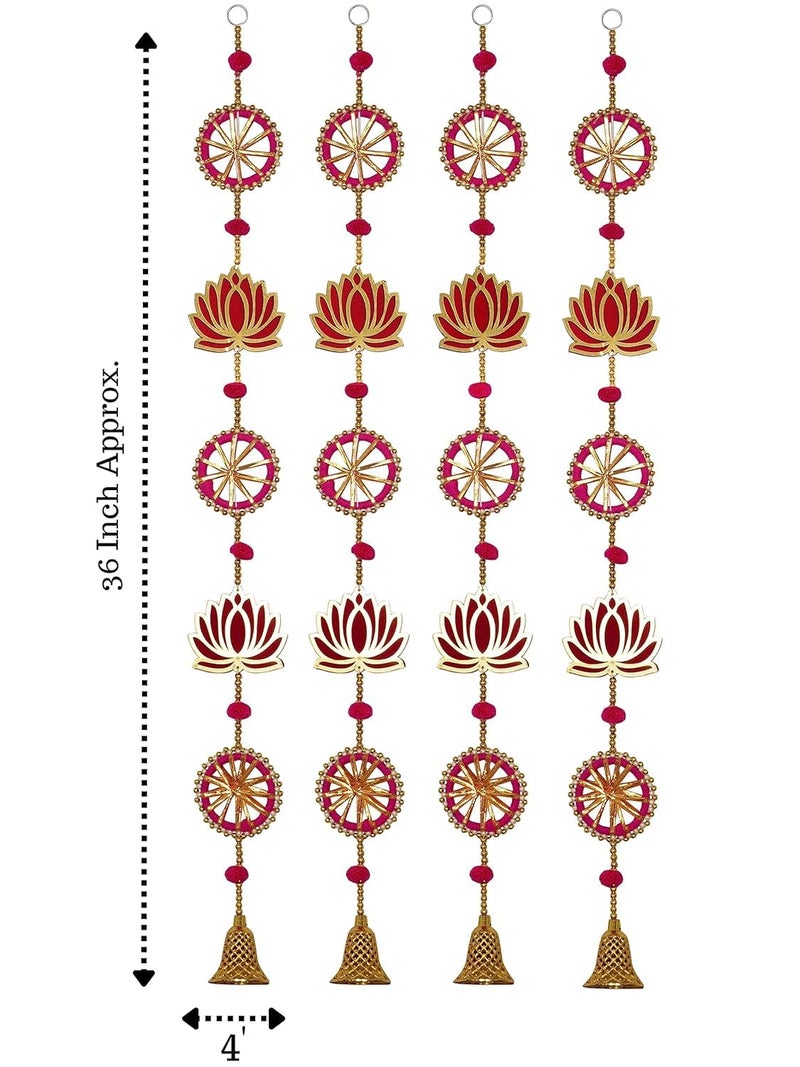 ZIG-ZAG حزمة من 4 تعليقات لوتس مصنوعة يدويًا مع جرس - مثالية للمنزل، ديوالي، بوجا، الزفاف وزينة المهرجانات (36 بوصة، وردي) - Image 4