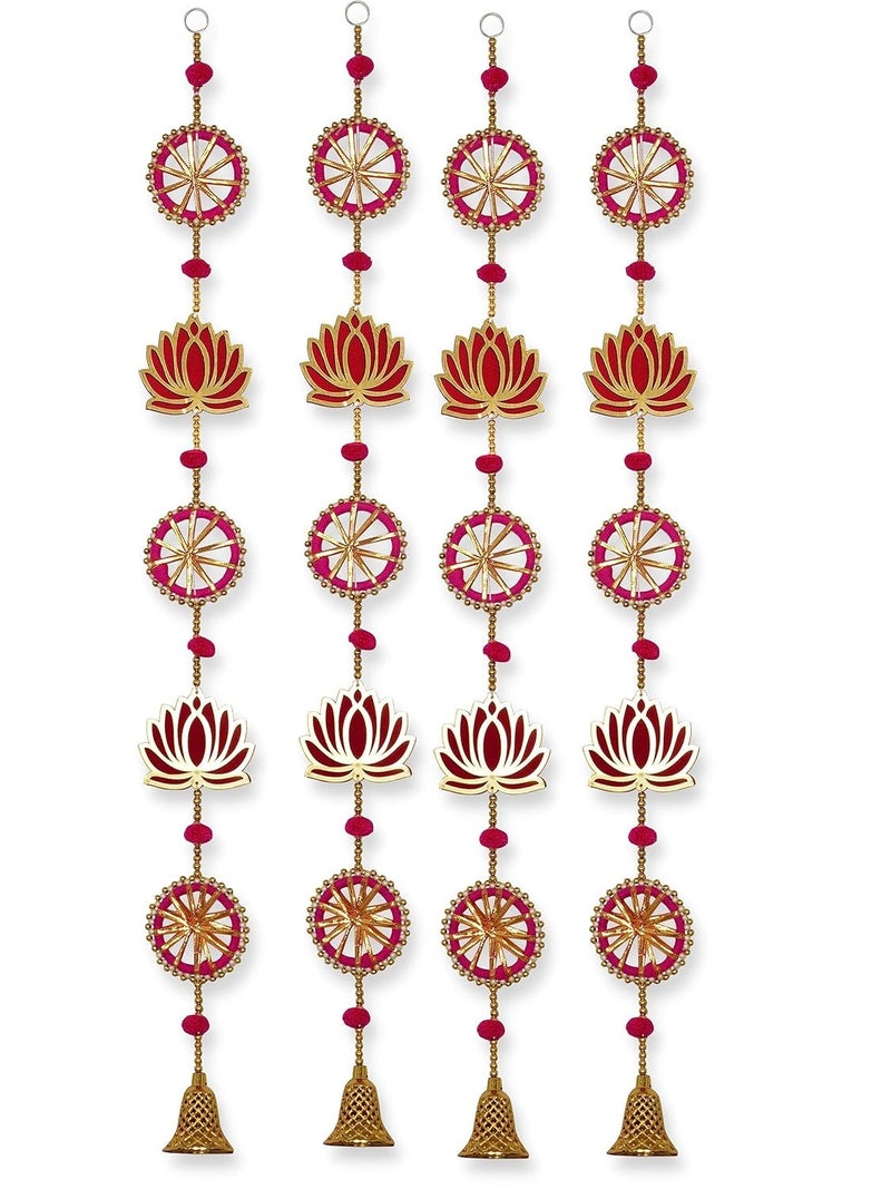 ZIG-ZAG حزمة من 4 تعليقات لوتس مصنوعة يدويًا مع جرس - مثالية للمنزل، ديوالي، بوجا، الزفاف وزينة المهرجانات (36 بوصة، وردي) - Image 3