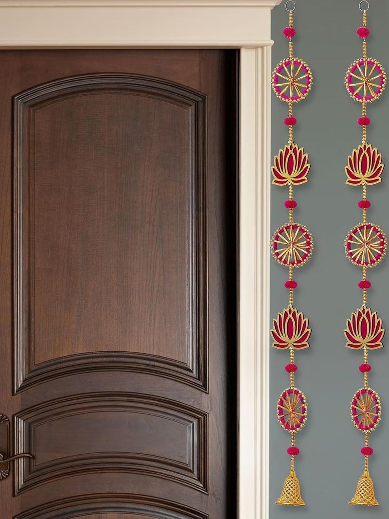 ZIG-ZAG حزمة من 4 تعليقات لوتس مصنوعة يدويًا مع جرس - مثالية للمنزل، ديوالي، بوجا، الزفاف وزينة المهرجانات (36 بوصة، وردي) - Image 5