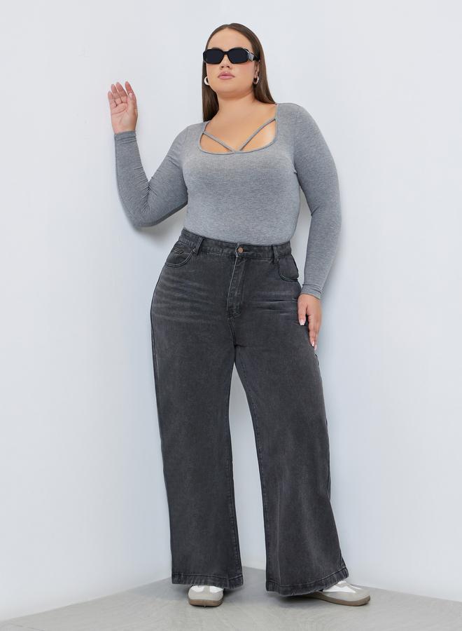 Styli Plus Mid Rise Wide Leg Jeans - Image 1