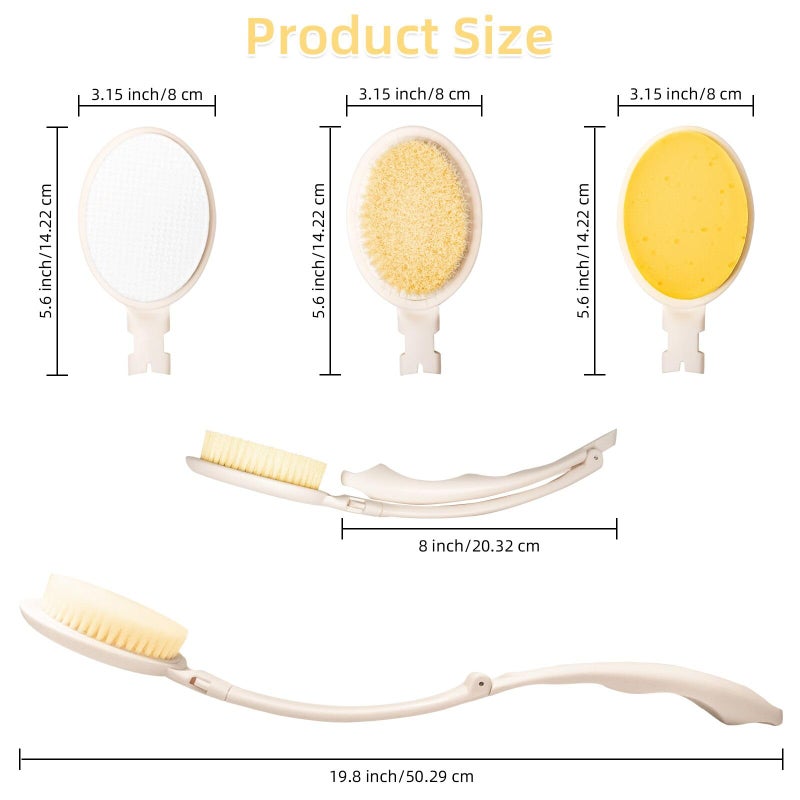 LFJ 19" Long Handle Shower Sponge Brush Set, 3 in 1 Body Brush, Bath Sponge and Lotion Applicator Improved Skin Health, Suitable for Men and Women (White Brush-1P) - Image 3