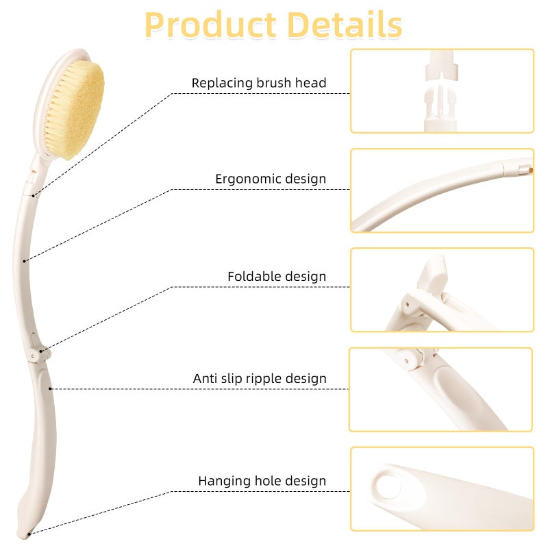 LFJ 19" Long Handle Shower Sponge Brush Set, 3 in 1 Body Brush, Bath Sponge and Lotion Applicator Improved Skin Health, Suitable for Men and Women (White Brush-1P) - Image 4