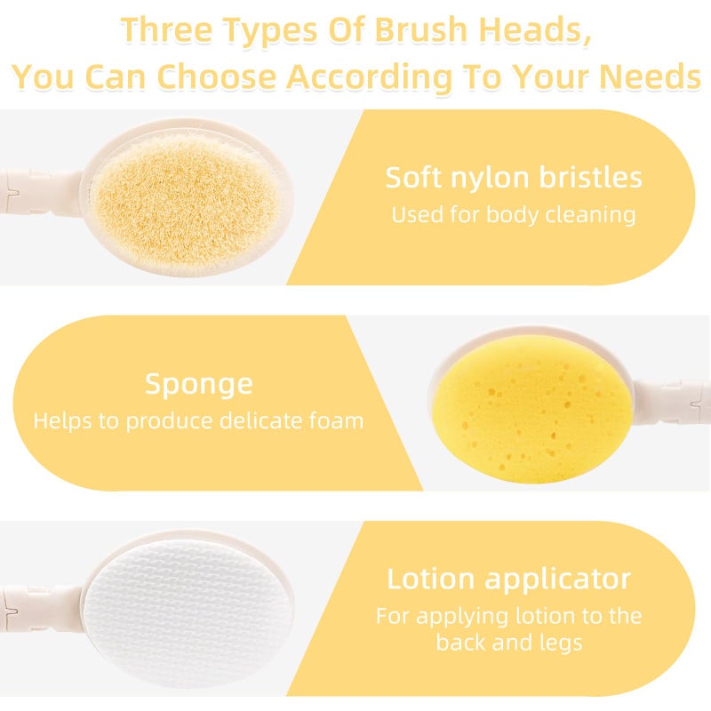 LFJ 19" Long Handle Shower Sponge Brush Set, 3 in 1 Body Brush, Bath Sponge and Lotion Applicator Improved Skin Health, Suitable for Men and Women (White Brush-1P) - Image 2