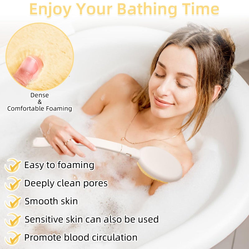 LFJ 19" Long Handle Shower Sponge Brush Set, 3 in 1 Body Brush, Bath Sponge and Lotion Applicator Improved Skin Health, Suitable for Men and Women (White Brush-1P) - Image 5