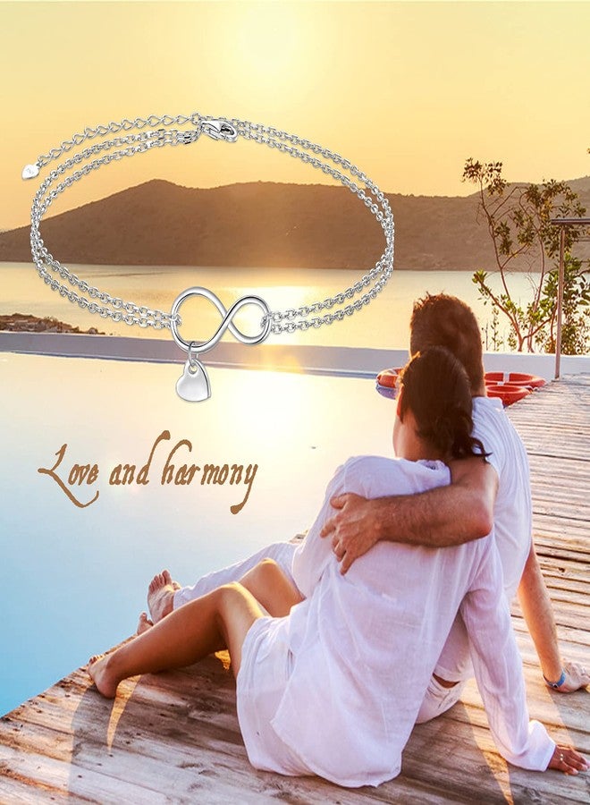 FLYOW Infinity Layered Anklet 925 Sterling Silver for Women Adjustable Heart Ankle Bracelet Boho Beach Foot Chain 9+1.5 Inch Charm Jewelry Birthday Gifts (Infinity Heart 9+1.5) - Image 2