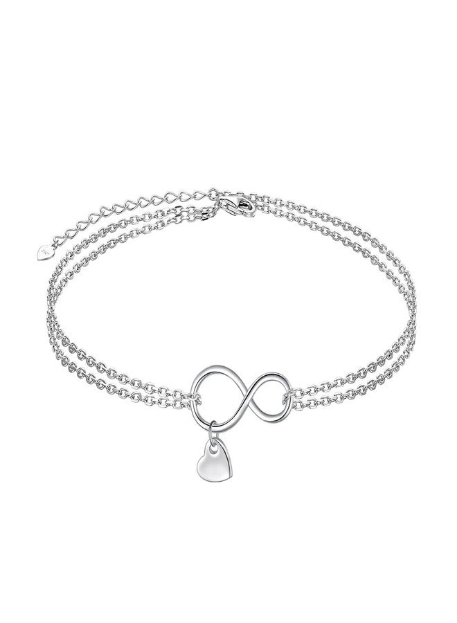 FLYOW Infinity Layered Anklet 925 Sterling Silver for Women Adjustable Heart Ankle Bracelet Boho Beach Foot Chain 9+1.5 Inch Charm Jewelry Birthday Gifts (Infinity Heart 9+1.5) - Image 1