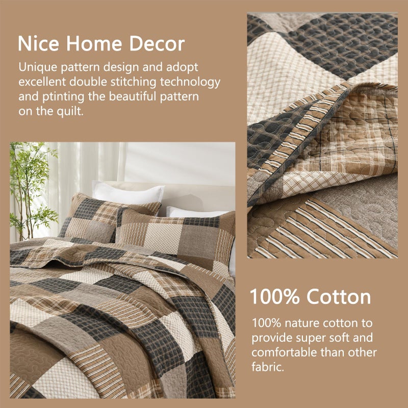 Finlonte Queen Size Quilt Set, Farmhouse Plaid Queen Comforter, Cotton Quilted Bedspread, Charcoal Beige Brown Lightweight Comforter Bedding Set for All Season, 3-Piece - Image 4