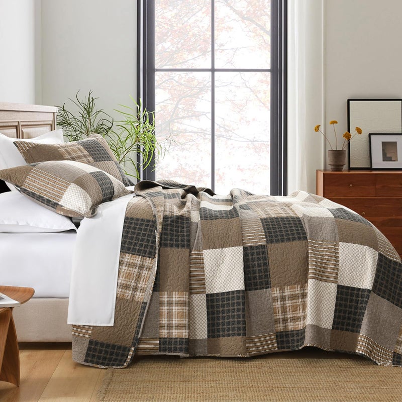 Finlonte Queen Size Quilt Set, Farmhouse Plaid Queen Comforter, Cotton Quilted Bedspread, Charcoal Beige Brown Lightweight Comforter Bedding Set for All Season, 3-Piece - Image 2