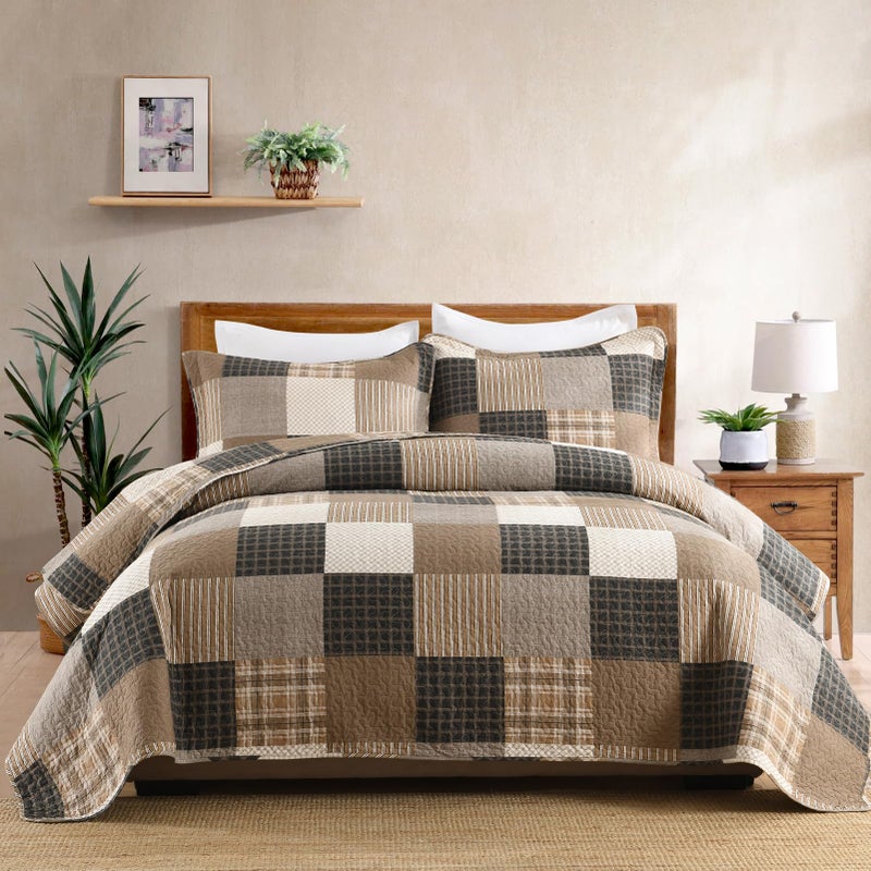 Finlonte Queen Size Quilt Set, Farmhouse Plaid Queen Comforter, Cotton Quilted Bedspread, Charcoal Beige Brown Lightweight Comforter Bedding Set for All Season, 3-Piece - Image 1