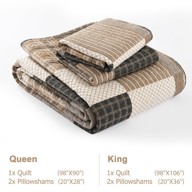 Finlonte Queen Size Quilt Set, Farmhouse Plaid Queen Comforter, Cotton Quilted Bedspread, Charcoal Beige Brown Lightweight Comforter Bedding Set for All Season, 3-Piece - Image 5
