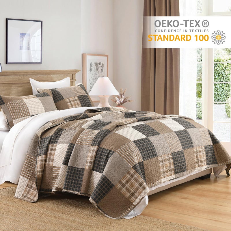 Finlonte Queen Size Quilt Set, Farmhouse Plaid Queen Comforter, Cotton Quilted Bedspread, Charcoal Beige Brown Lightweight Comforter Bedding Set for All Season, 3-Piece - Image 3