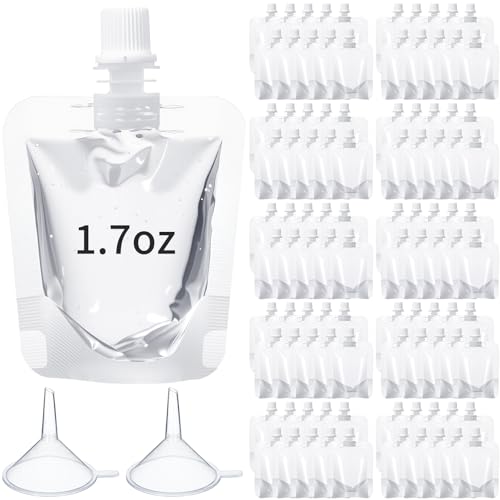 Seeloowy 100 Pcs Plastic Pouches Bulk Clear Juice Bags Squeeze Pouches Plastic Leak Proof Bags with Funnel for Party Favors (1.7 oz) - Image 1