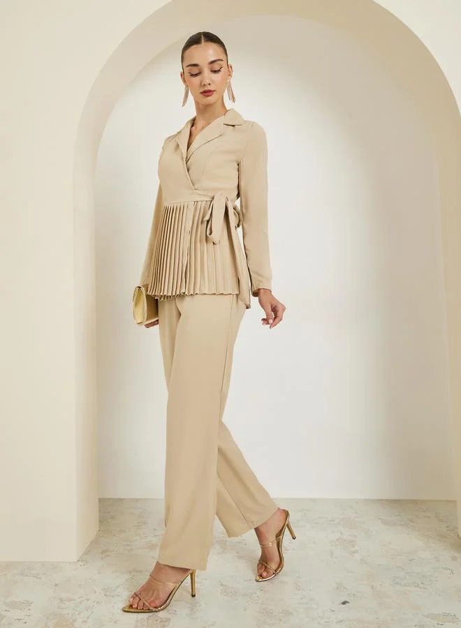 Beige Pleated Blazer and Trousers Co-Ords