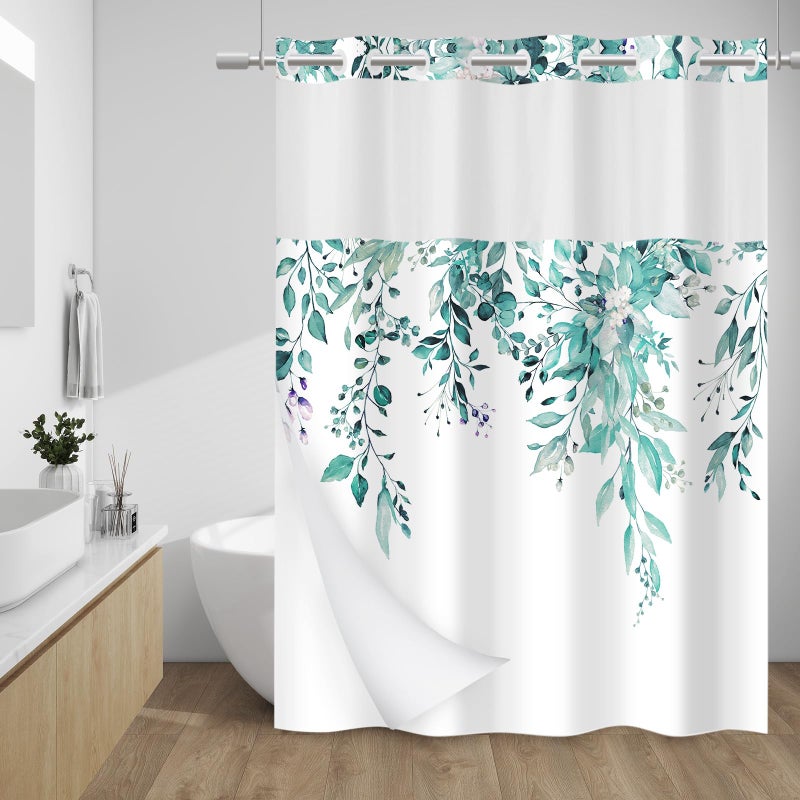 WITHLOC No Hook Shower Curtain with Snap in Liner - Eucalyptus Shower Curtain - Washable Waterproof Inner Liner, Plants Seaweed Green Leaves Modern Shower Curtains - Machine Washable, 71 x 74 - Image 1