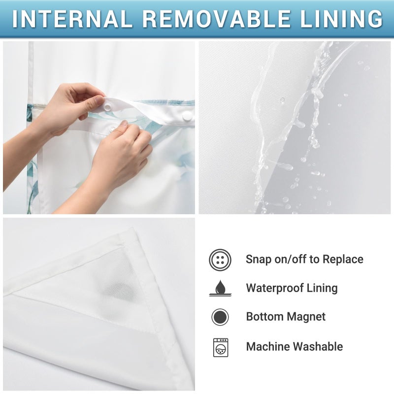 WITHLOC No Hook Shower Curtain with Snap in Liner - Eucalyptus Shower Curtain - Washable Waterproof Inner Liner, Plants Seaweed Green Leaves Modern Shower Curtains - Machine Washable, 71 x 74 - Image 5