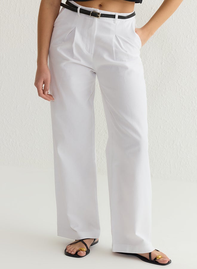 trendyol White Belted Cotton Woven Trousers - Image 3