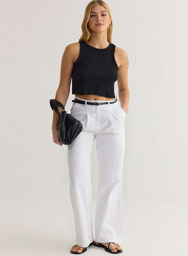 trendyol White Belted Cotton Woven Trousers - Image 1