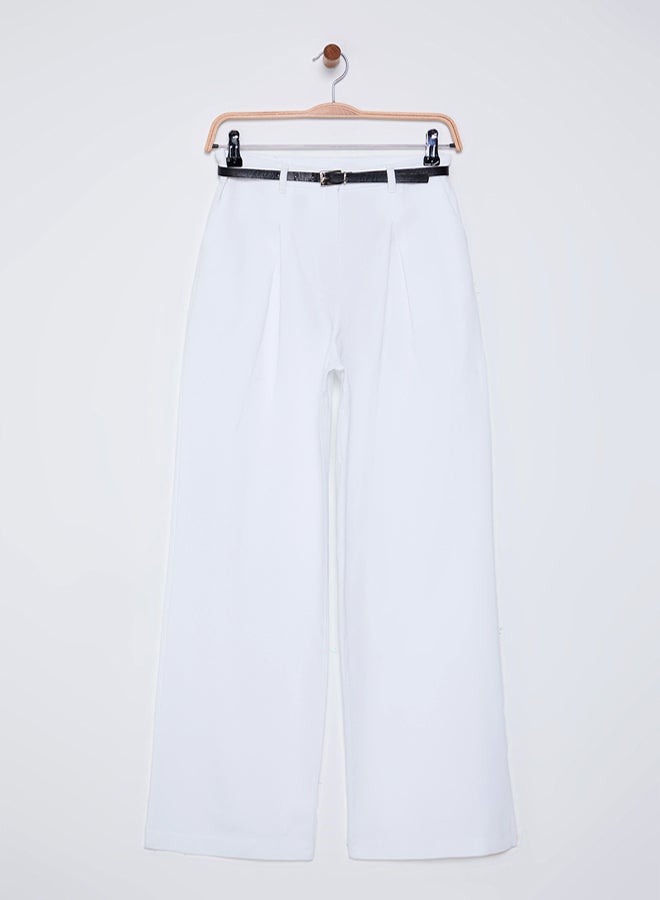 trendyol White Belted Cotton Woven Trousers - Image 5