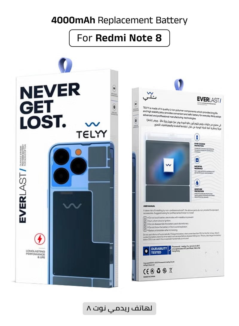 TELYY 4000mAh Replacement Battery for Redmi Note 8, Long Lasting Replacement Battery Made With High-Quality Lithium Ion Polymer, Compatible with Redmi 7, Redmi Note 8 - Image 1