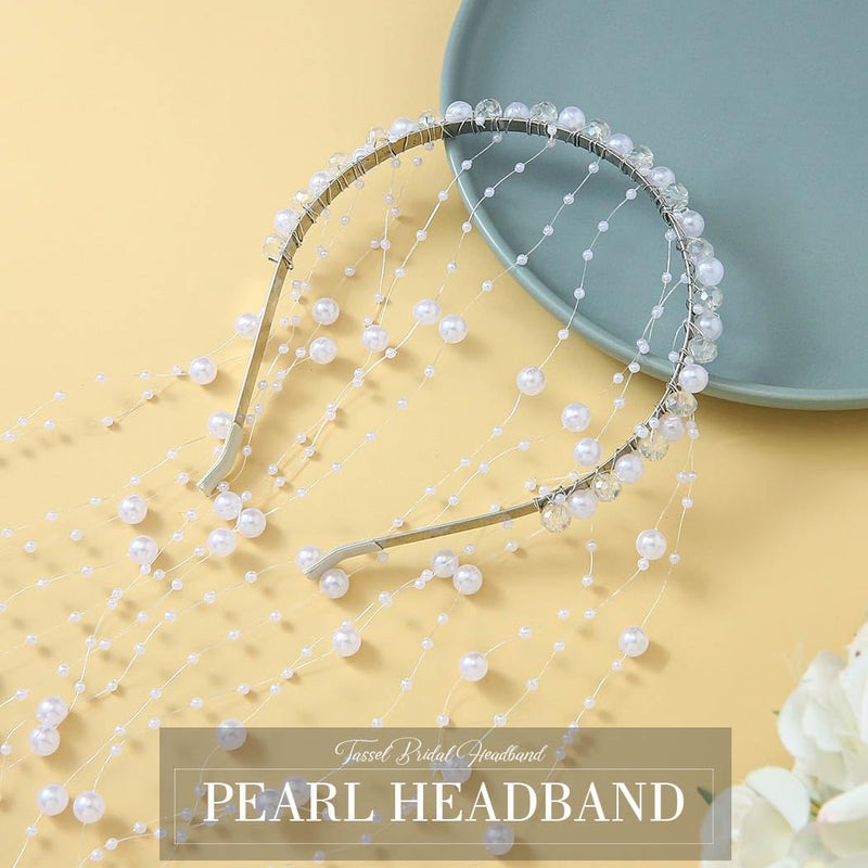 CASDRE Pearl Bride Wedding Headband Silver Bridal Headpiece Tassel Hair Vine Evening Party Hair Accessories for Women and Girls - Image 2