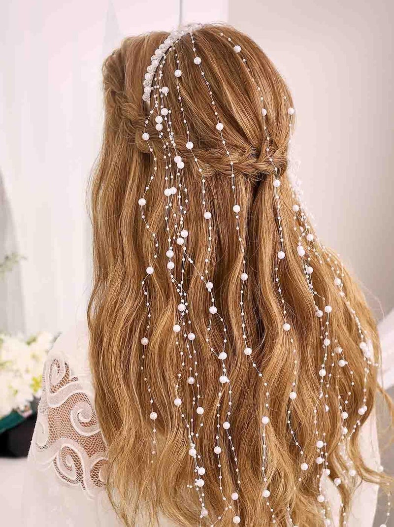 CASDRE Pearl Bride Wedding Headband Silver Bridal Headpiece Tassel Hair Vine Evening Party Hair Accessories for Women and Girls - Image 3
