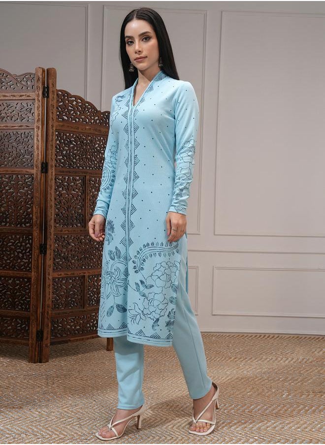 Vishudh - Women Blue Floral Kurta and Trousers Set by Styli - Image 1
