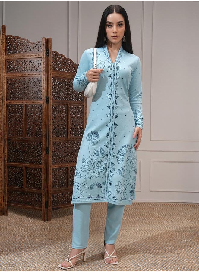 Vishudh - Women Blue Floral Kurta and Trousers Set by Styli - Image 1