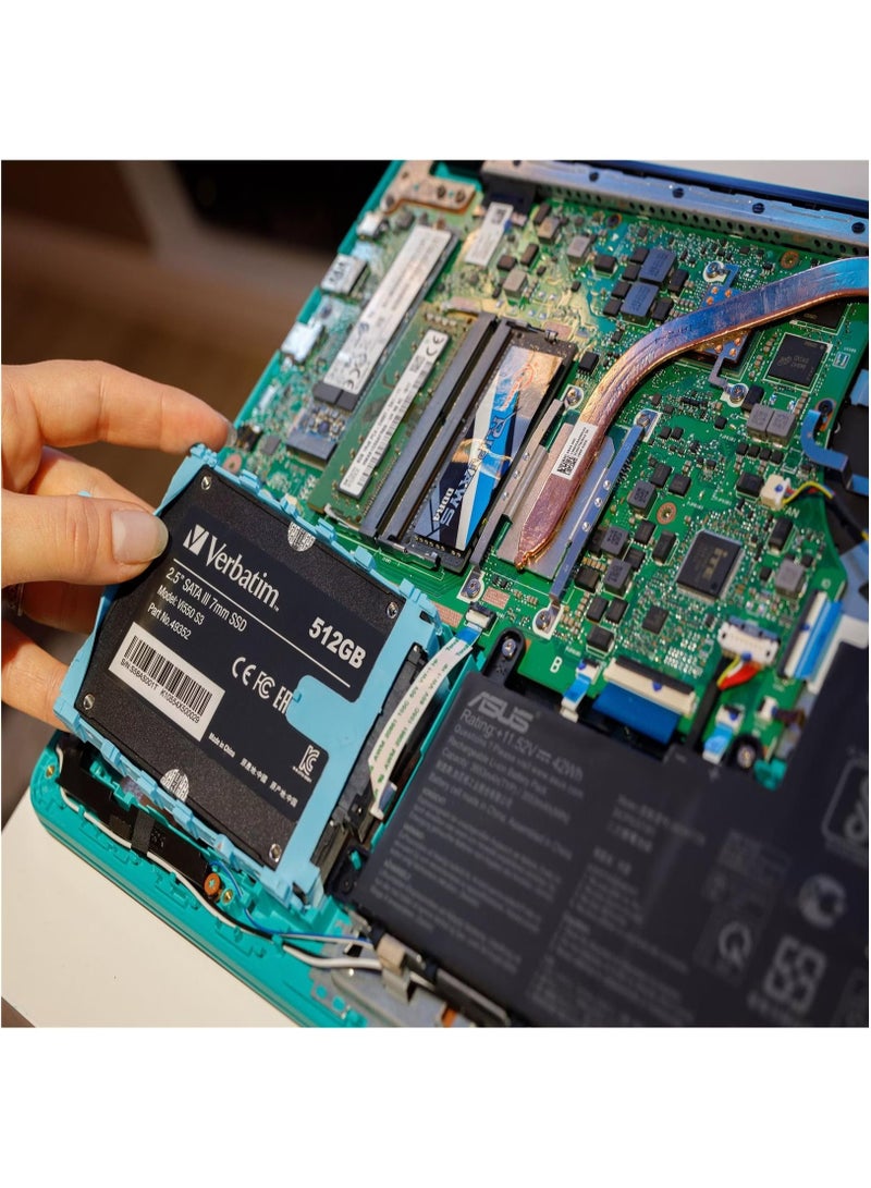 VERBATIM قرص صلب داخلي Verbatim Vi550 S3 SSD - 512 جيجابايت - محرك حالة صلبة - واجهة SATA III 2.5 بوصة - محرك SSD داخلي بتقنية NAND ثلاثية الأبعاد - SSD عالي الأداء 512 جيجابايت - 500 ميجابايت/ثانية - أسود - Image 4