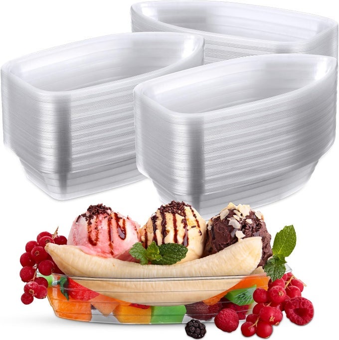 400 PCS BANANA SPLIT BOAT PLATE 12OZ DISPOSABLE ICE CREAM SUNDAE BOWLS BANANA SPLIT BOWLS CLEAR PET PLASTIC SPLITS BOWL TRAY FOR PARTY DISH DESSERT BIRTHDAY CARNIVALS GELATO HOME