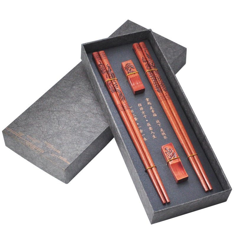 Wooden Chopsticks Reusable with Case Chinese Chopstick Set with Holder 2 Pair Dragon and Phoenix Chop sticks Gift Set Dragon and Phoenix